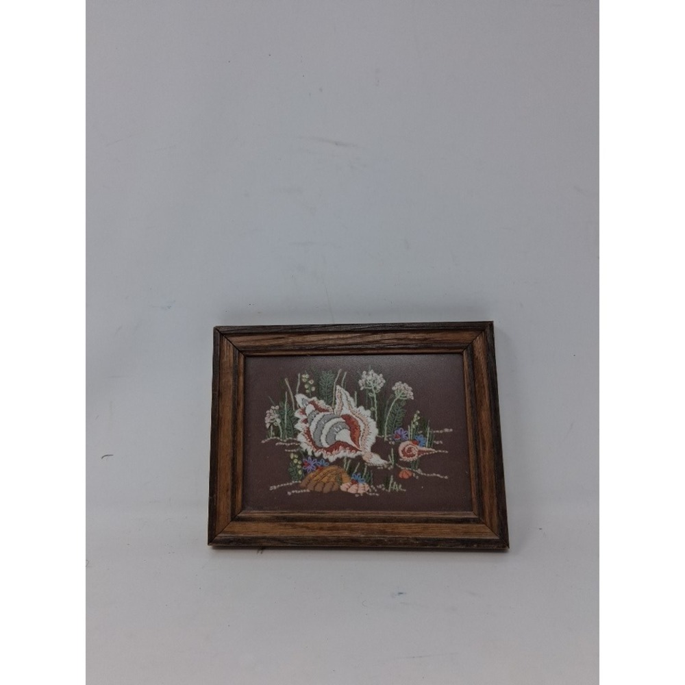 Vintage 1984 Handmade Crewel Embroidery Framed Seashell Coastal Wall Art 8x6